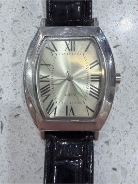 Women's Silver-Tone Quartz Watch with Black Strap